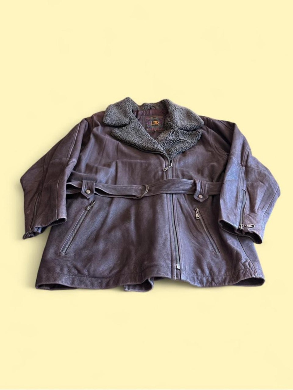 Vintage LNR Brown Leather Sherpa Belted Moto Jacket Women’s Size L